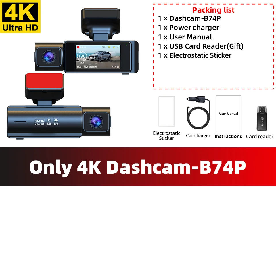 Acceo 4K Car Dash Cam Built-in WiFi and GPS Support 4K Rear Camera Dual Channel WDR Car Recorder Night Vision 24H Parking Mode