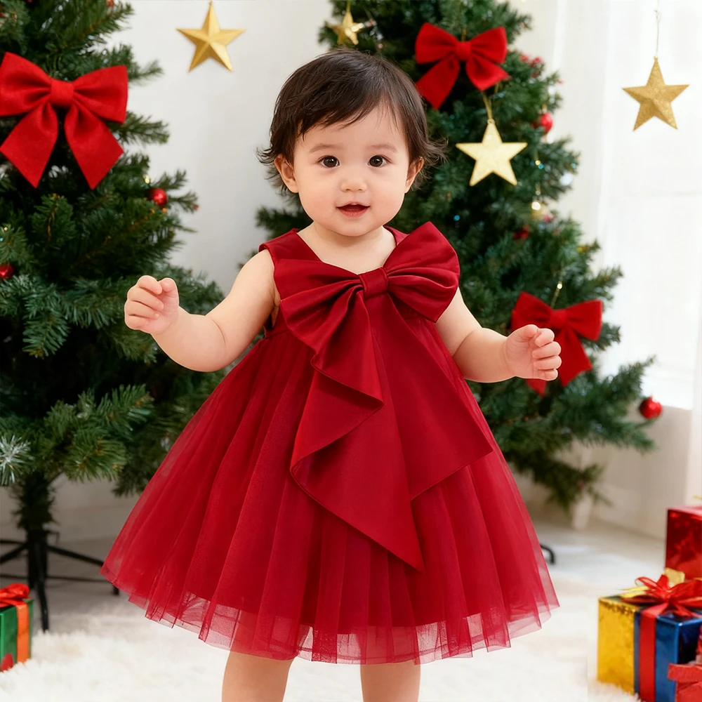 Baby Dresses For 1st Birthday Dress Elegant Big Bowknot Girls Party Dresses Christmas Red Dress Toddler Girl Princess Dress 0-3Y