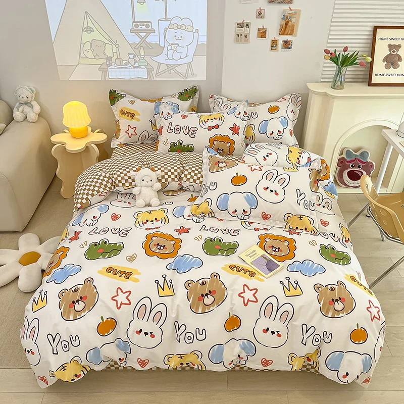 Zoo Cotton Duvet Cover Set Cartoon Cat Bear Rabbit Crocodile Lion Comforter Covers Cute Animal Bedding for Kids Girls Boys Woman