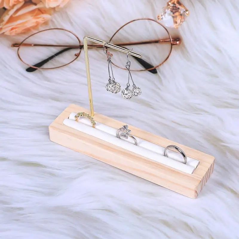 Wooden Base Metal L-shape Stand For Earrings Jewelry Display Stud Necklace Holder Jewellery Rack Gold Color Props Display Tool
