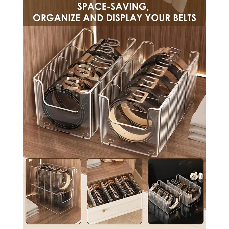 منظم حزام أكريليك BAAR-1-Pack للخزانة والدرج - 8 مقصورات قابلة للفصل، عرض حامل حزام شفاف يناسب معظم الأحجام