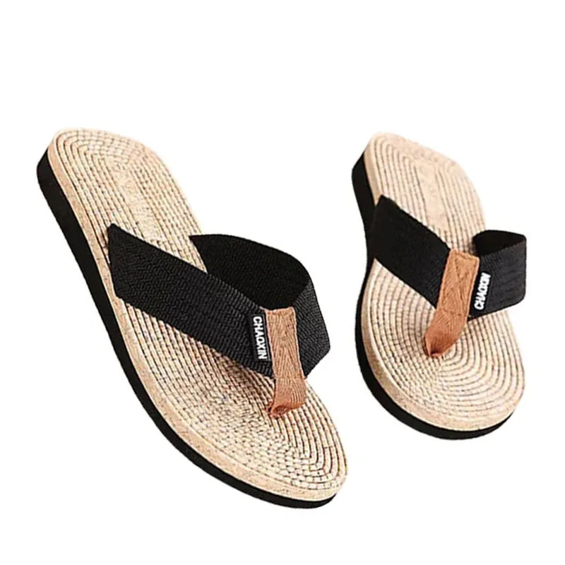 Summer Men Slippers Black Non-slip Male Sandals Fabric Shoeslace Outdoor Beach Men Flip-flop Flexible Shoes Home Slippers