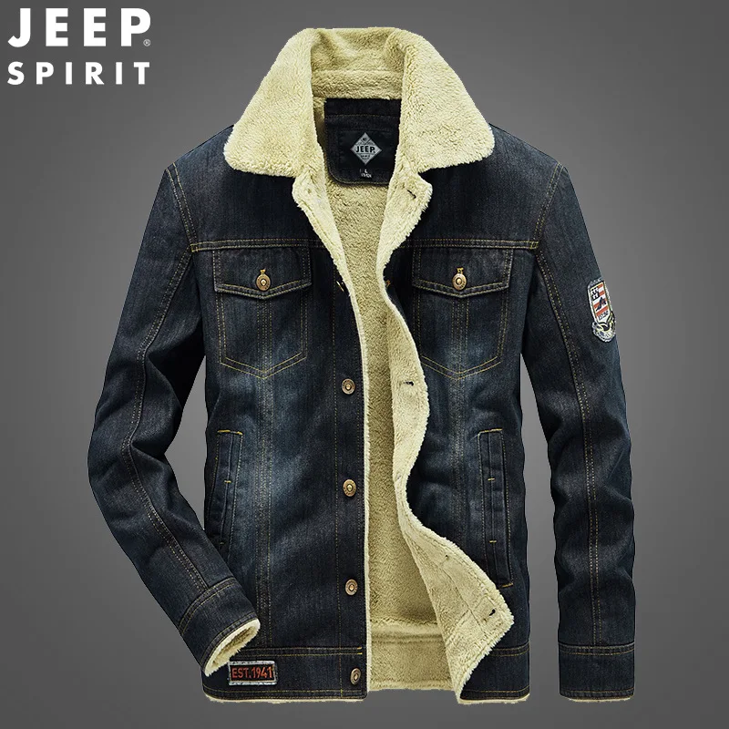 JEEP SPIRIT autumn winter Denim Jacket men plus velvet thick fashion casual warm and cold-proof high-quality coat clothes