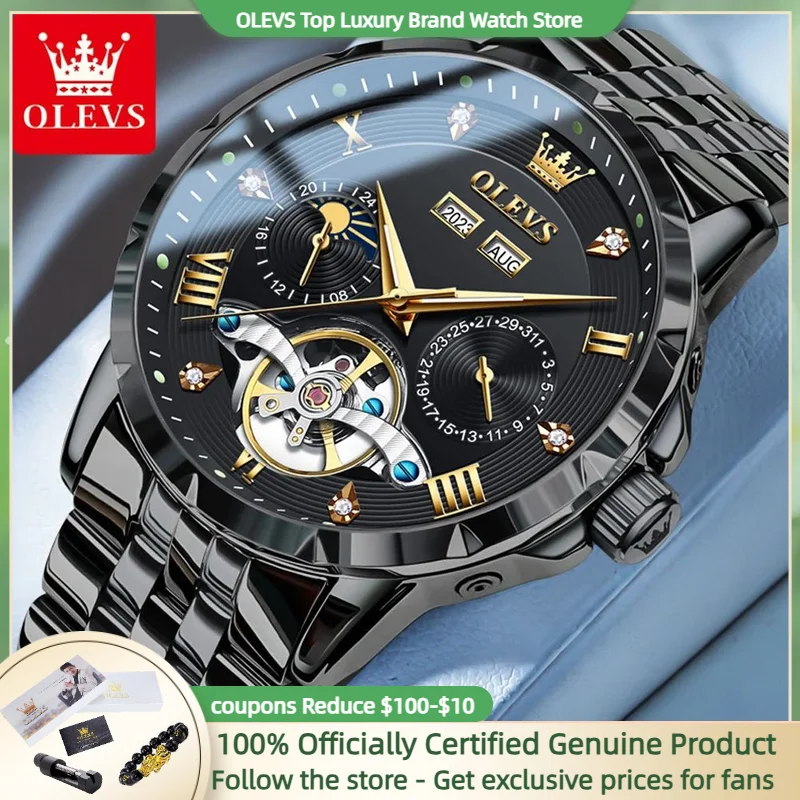 OLEVS Original Luxury Brand Watch Men Black Stainless steel Flywheel Design Auto Date Waterproof Automatic Mechanical Wristwatch