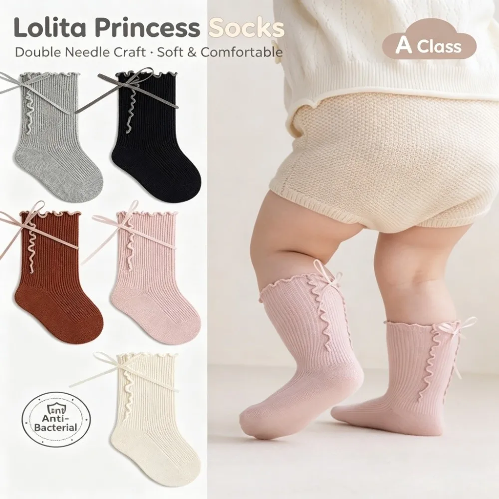 Cotton Material Cotton Mid Calf Socks Loose Cuff No Leg Restriction Ruffle Bow Socks Mid Calf Length Seamless Toe Princess Socks