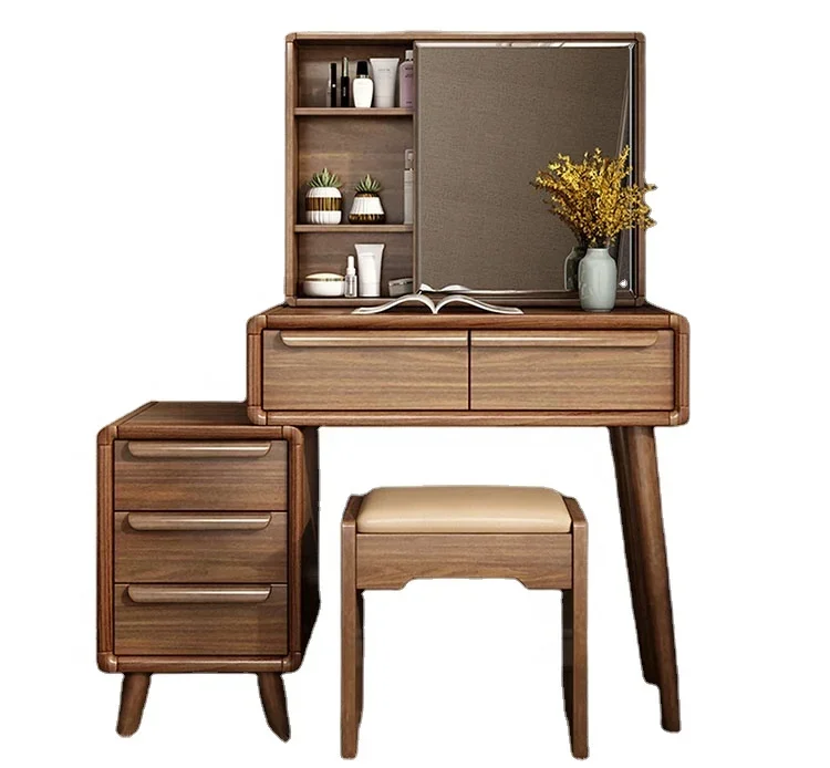 

Туалетный столик из цельного дерева для спальни в скандинавском стиле, многофункциональный небольшой семейный выдвижной туалетный столик, мини-туалетный шкаф