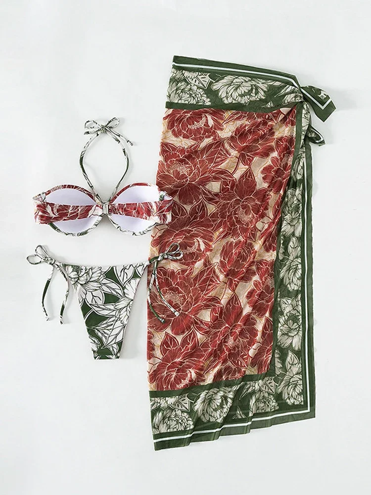 VigoBreviya-Conjunto de Bikini con falda de cintura alta para mujer, traje de baño Sexy con estampado de 3 piezas, traje de baño de realce con aros, traje de baño de verano 2025