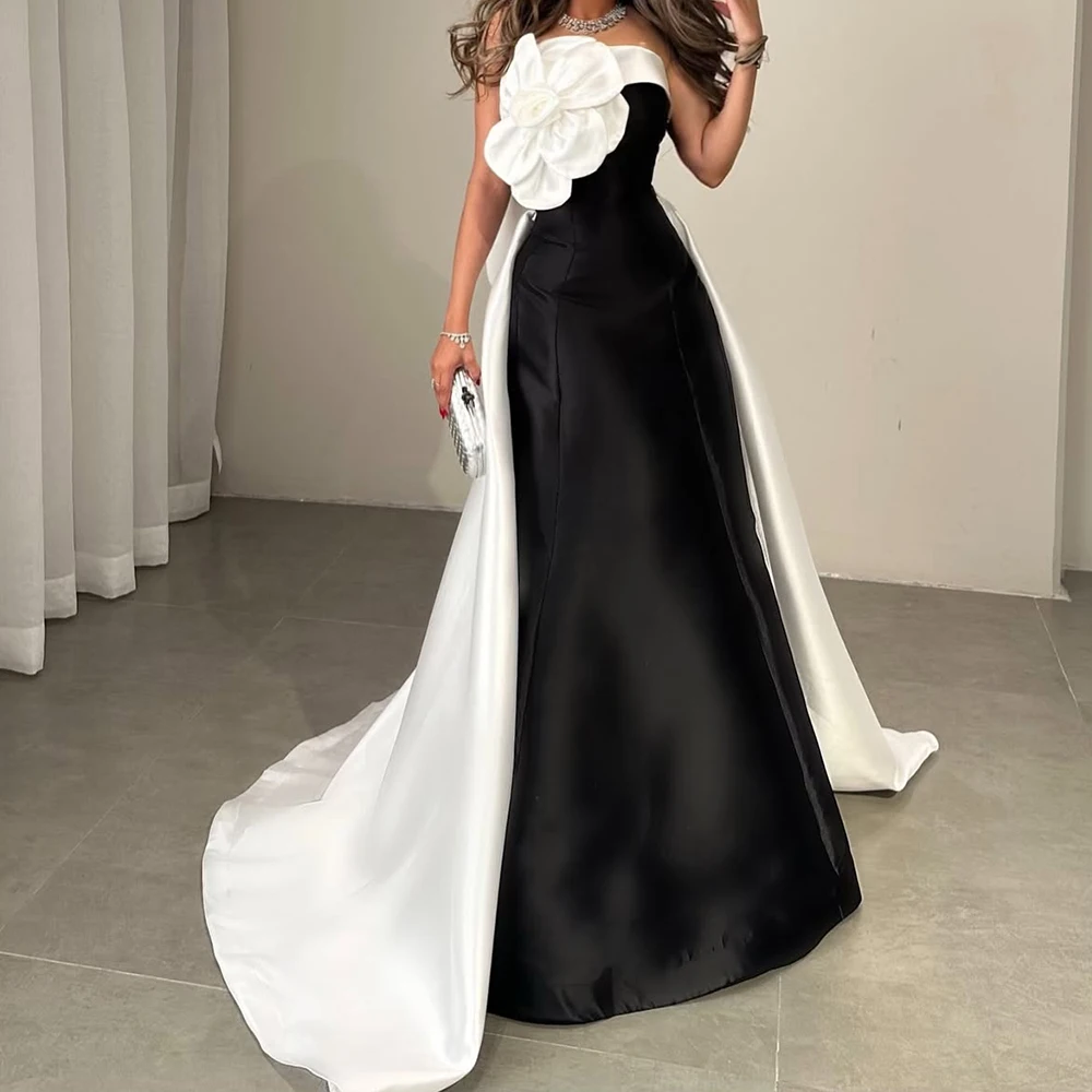 Customized Graceful Bow Flowers Satin Evening Dress Temperament A-Line Floor Length Strapless Sleeveless Bespoke Occasion Gowns