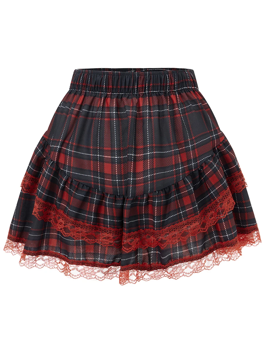 Women s Tartan Checkered Pleated Mini Skirts with Elastic Waistband and Layered Ruffle Detail for Holiday A-Line Style