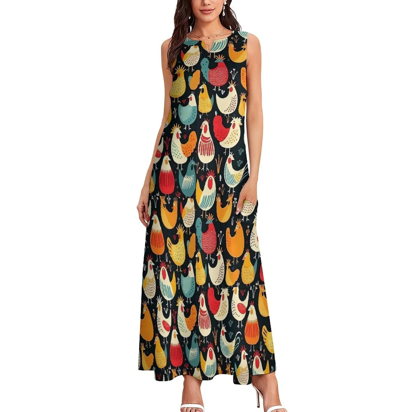 Farmhouse Chickens Dress Animal Elegant Maxi Dress Street Style Bohemia Long Dresses Summer V Neck Print Vestidos Big Size 5XL