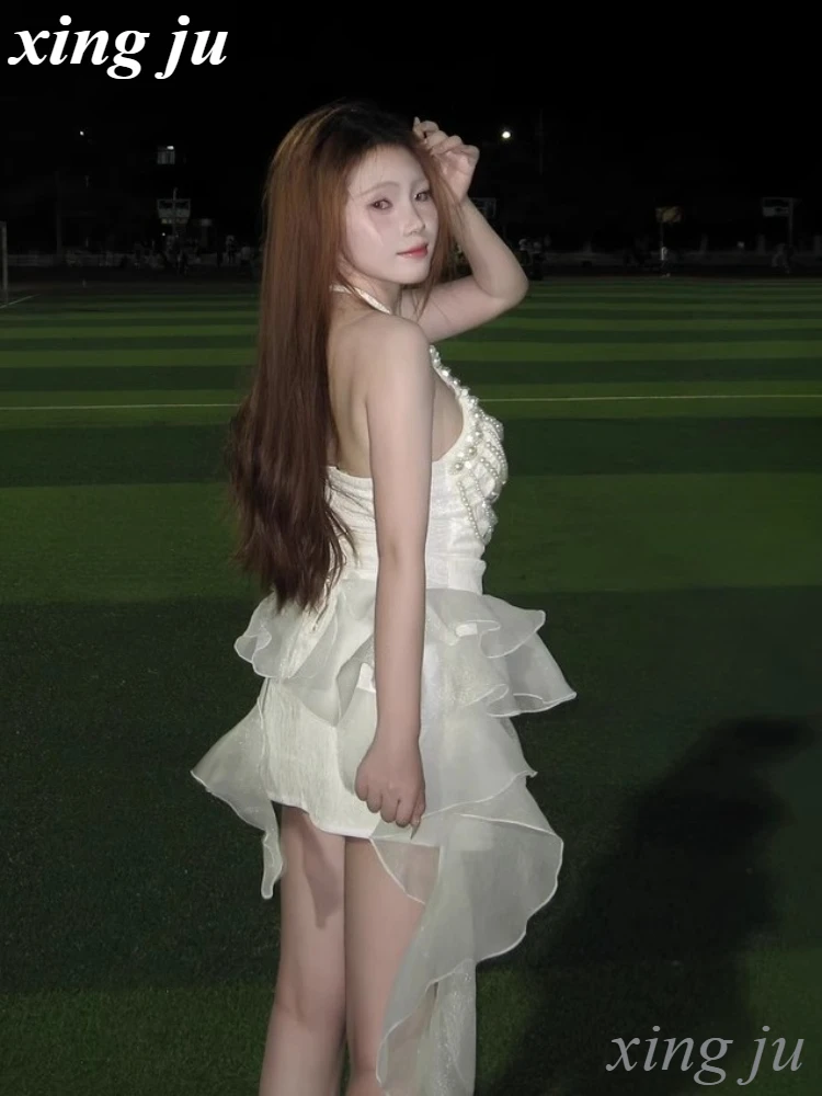 Kpop Korean Singer Concert White Pearl Halter Vest Dress Jazz Dance Performance Costumes Nightclub DJ Women Hip Hop Stage Outfit