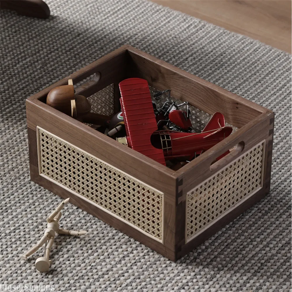 

Natural Vine Weaving Storage Box Black Walnut Wooden Storage Basket Desktop Japanese Style Wooden Toy Storage Basket