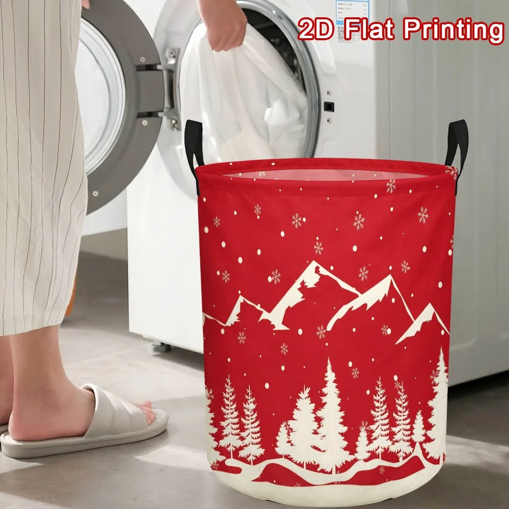 1pc, Festive Winter Snowy Forest Print Storage Basket, Polyemon Material with Red Background, White Snowflakes
