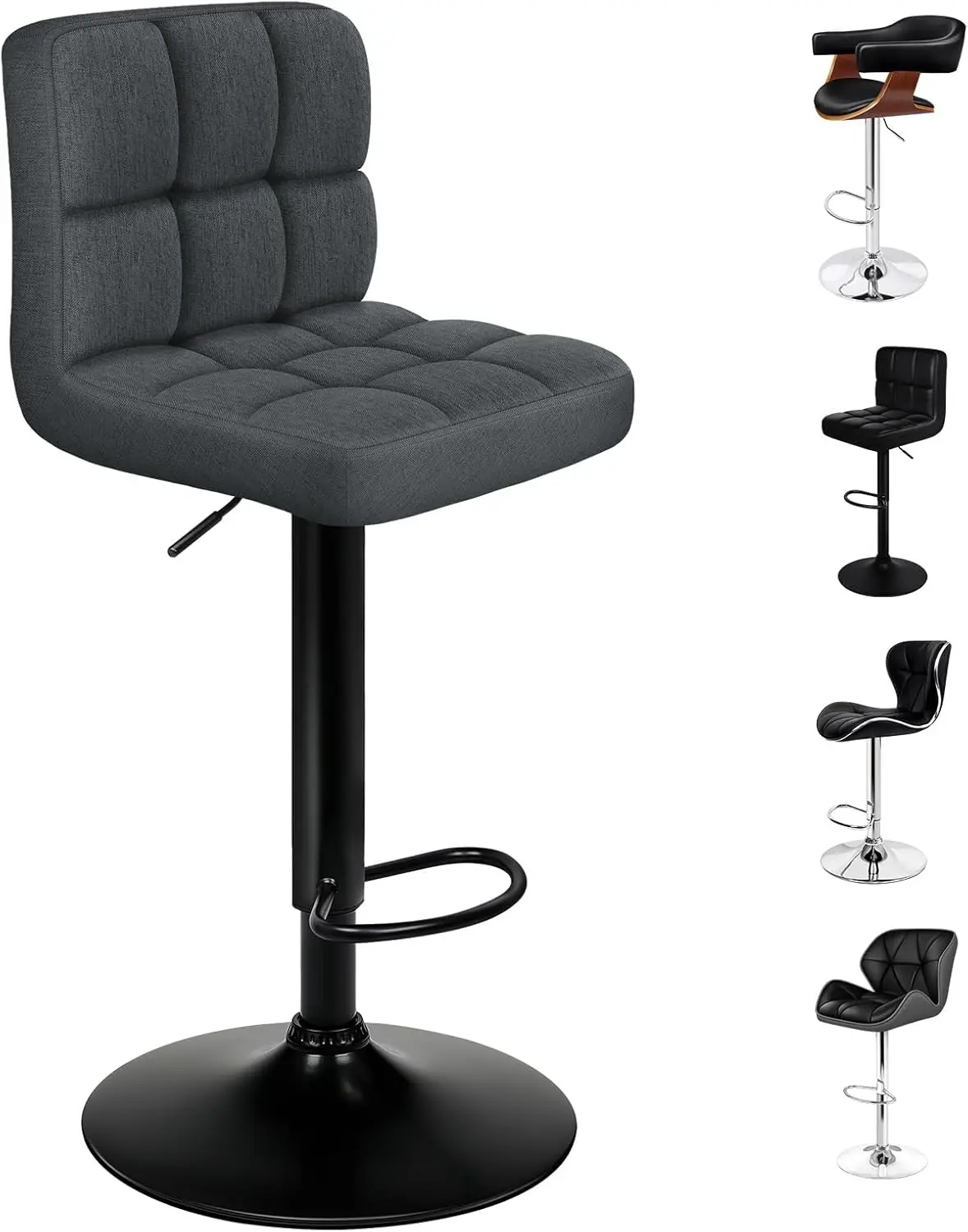مجموعة مقاعد بار مكونة من 2 مقاعد مطبخ قابلة للتعديل، مقاعد دوارة للبار، كرسي طعام من القماش في ارتفاع المقعد 62-83 سم مع فلو #1