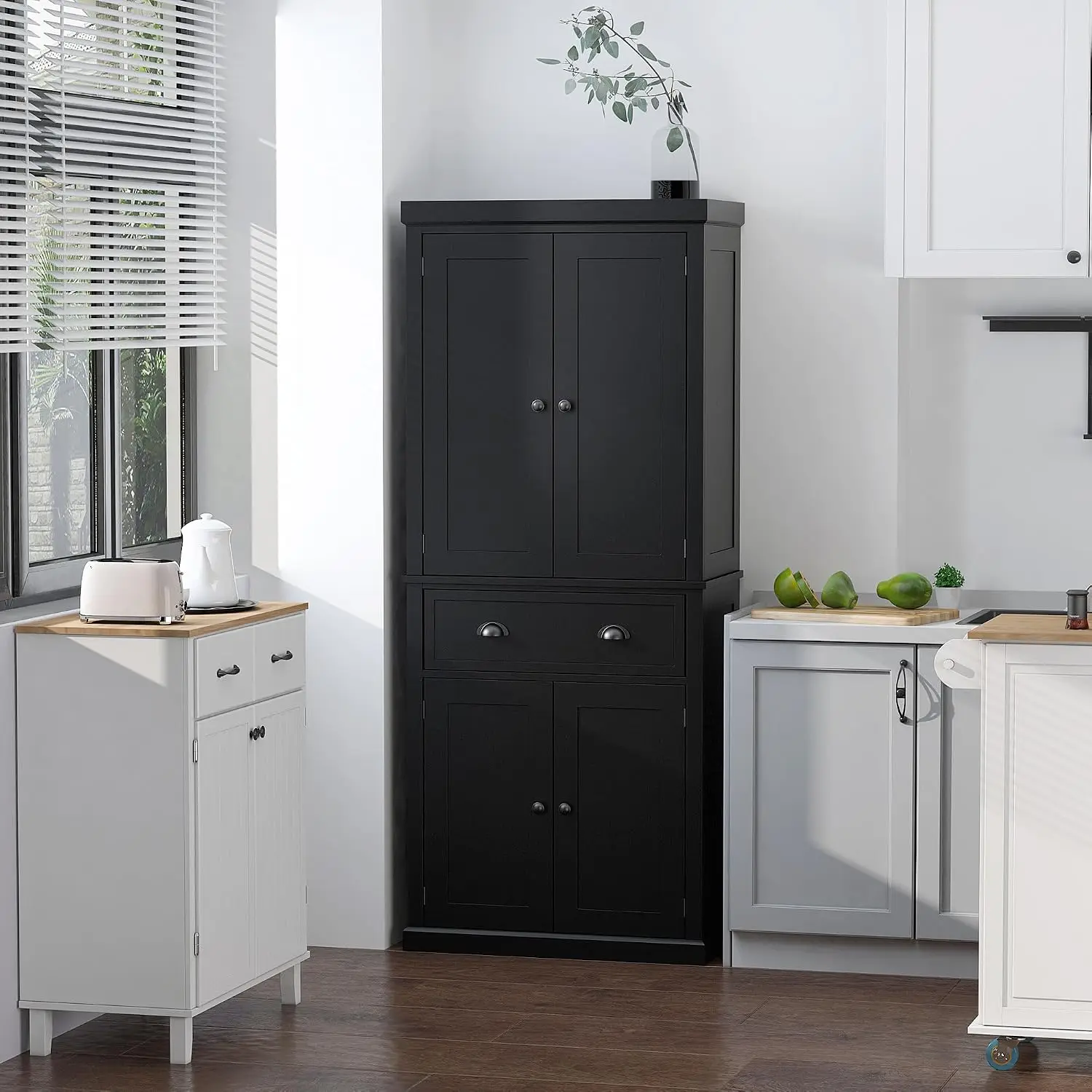 Kitchen Pantry Cabinet, Freestanding Food Storage Organizer, Dining Room Tall Cupboard, Four Door Utility Credenza, Modern Farmhouse Furniture, Black, 1 Piece