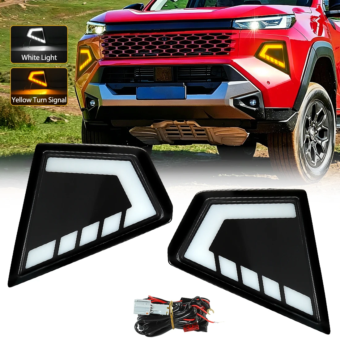 

DRL For Toyota Hilux Travo 2026 LED Daytime Running Light Dual Color White DRL Yellow Turn Signal Light Front Bumper Lamps