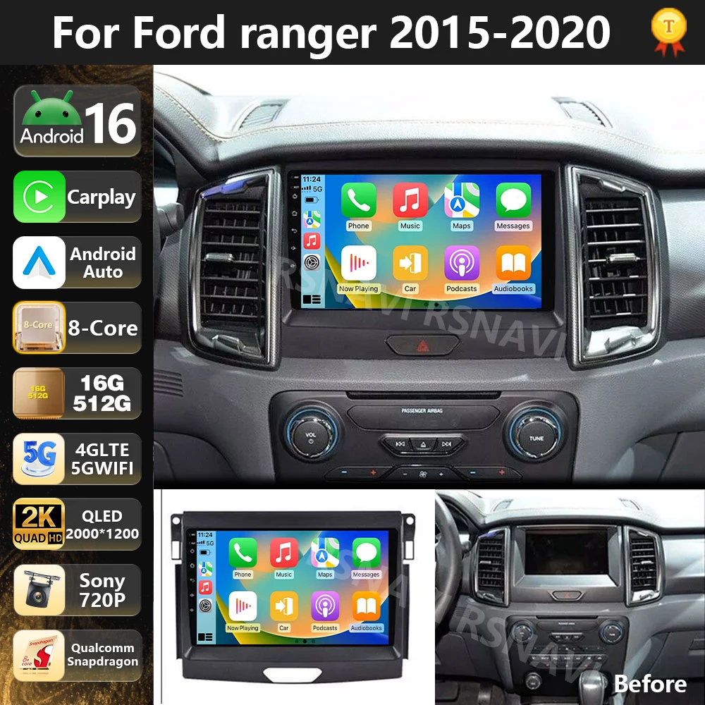 Radio Multimedia para Auto con Qualcomm Android 16 para Ford Ranger 2015 2016 2017 2019 2020, Auto Carplay, Estéreo para Auto 2 Din, BT, 4G, WiFi