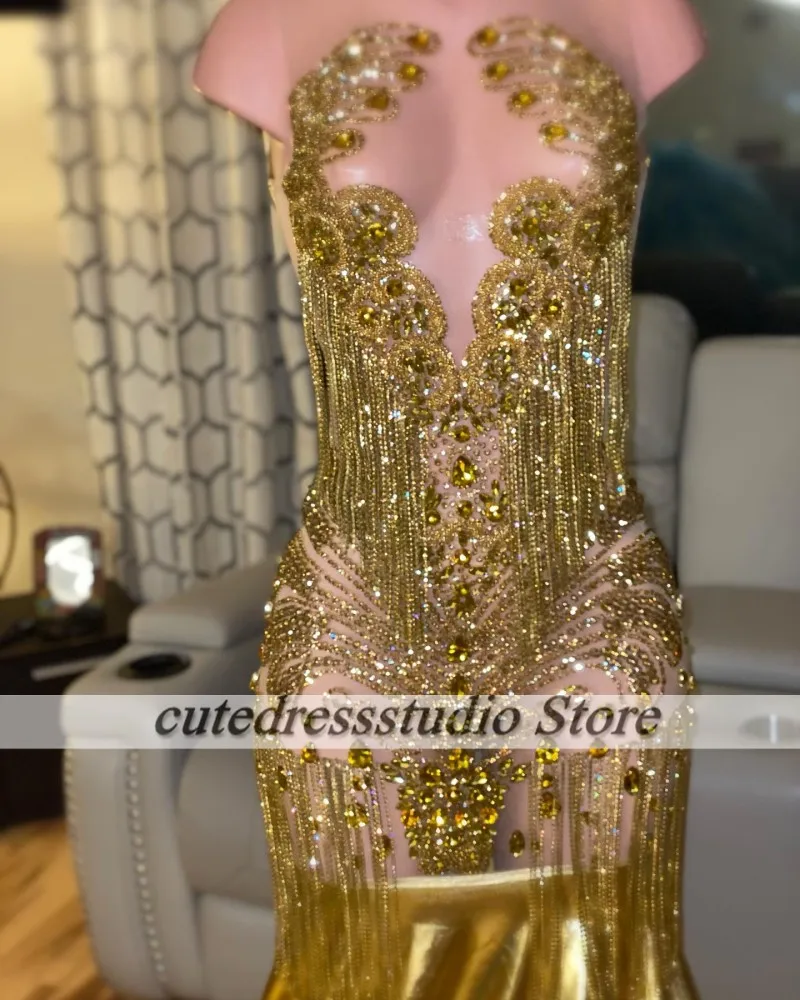 Vestidos De Graduación Gold Prom Dresses Black Girls 2025 Crystal Rhinestone Tassel Mermaid Party Gown Customized vestido fiesta