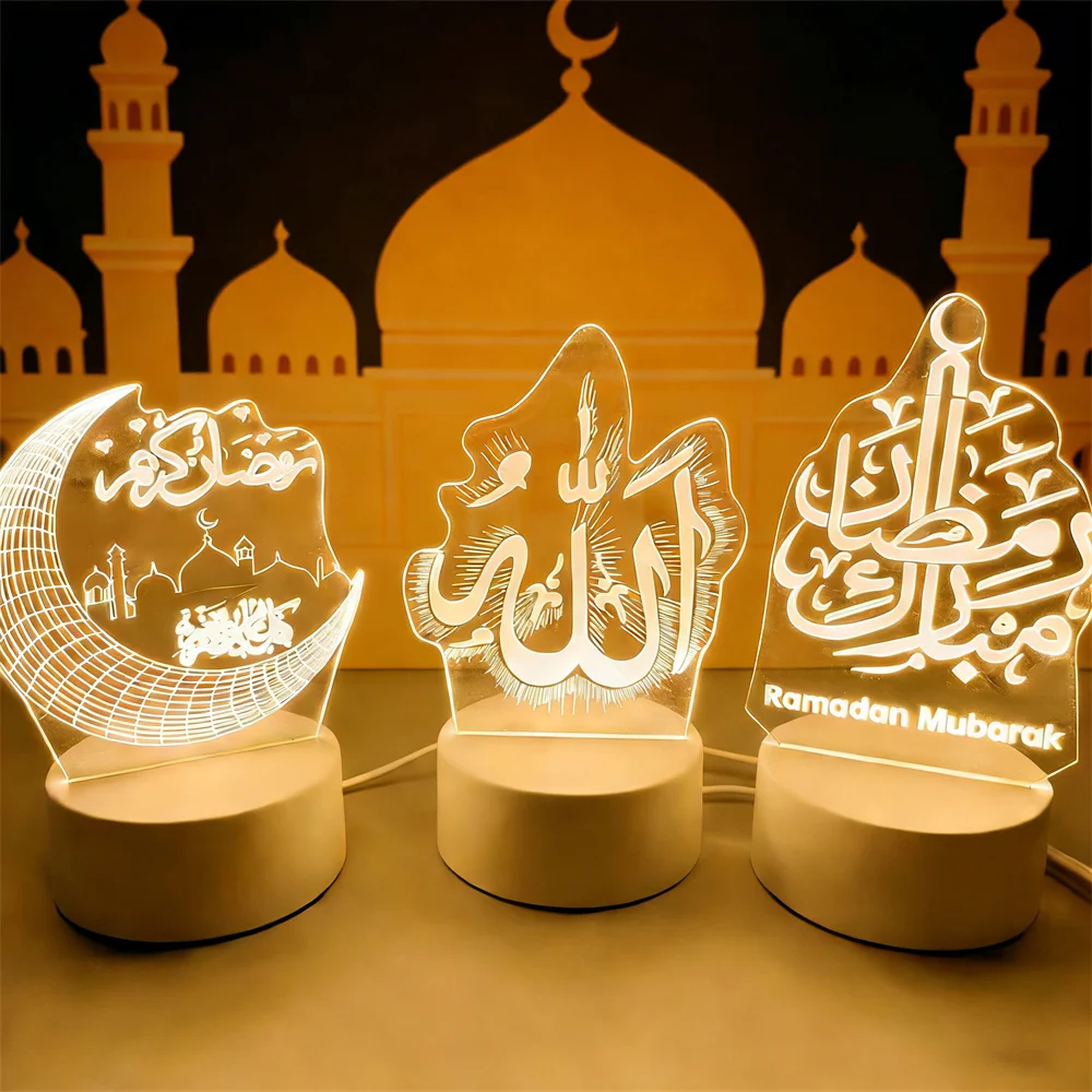 

USB Plug-in 3D Acrylic LED Night Light Eid Mubarak Ornament Muslim Ramadan Festival Party Bedroom Decoration Holiday Lighting