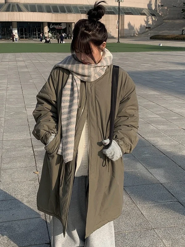 Thiened-ropa de trabajo Retro con cuello levantado para mujer, abrigo de algodón de longitud media con cordón holgado, Color puro, para ir al trabajo