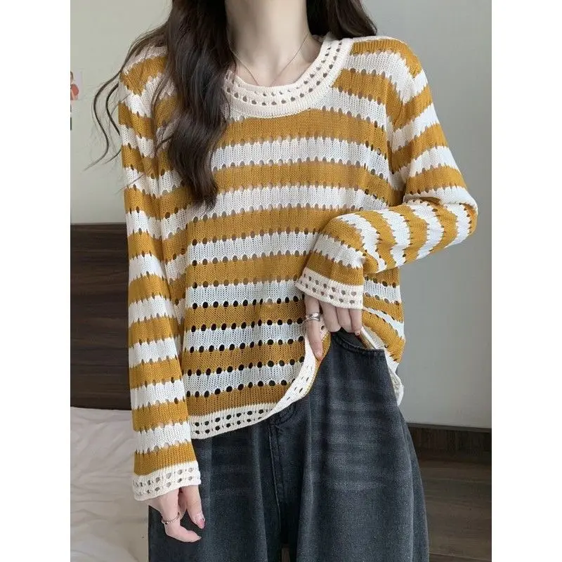 Spring and Autumn Style Shoulder Striped Ice Silk Long Sleeved Knitted T-shirt Loose and Thin Hollow Out and Unique Top