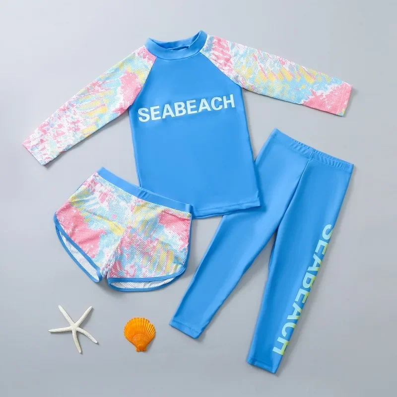 3pc Baby Girls Swimwear Set Long Sleeve Sun-protective Two-piece Swimsuit Sports Bathing Suit Beachwear 3-11 Years