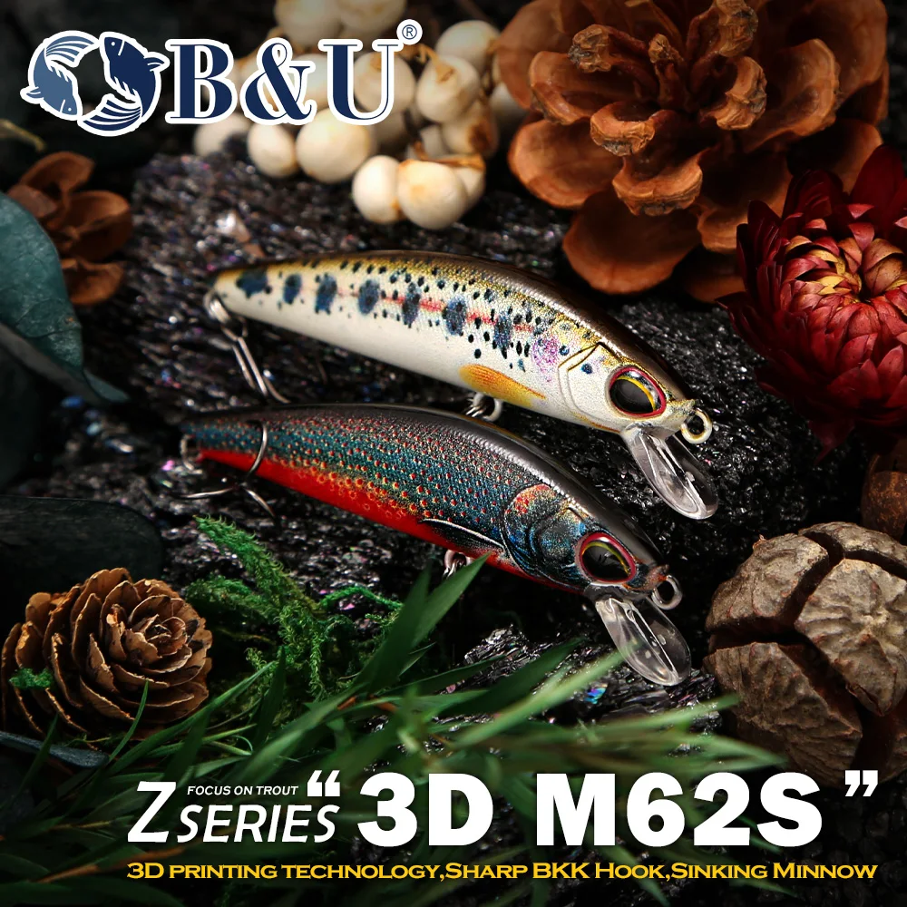 B&U 3D Sinking Minnow, Realistische Optik, Scharfe BKK-Haken für Forellen- und Barsch-Flussangeln
