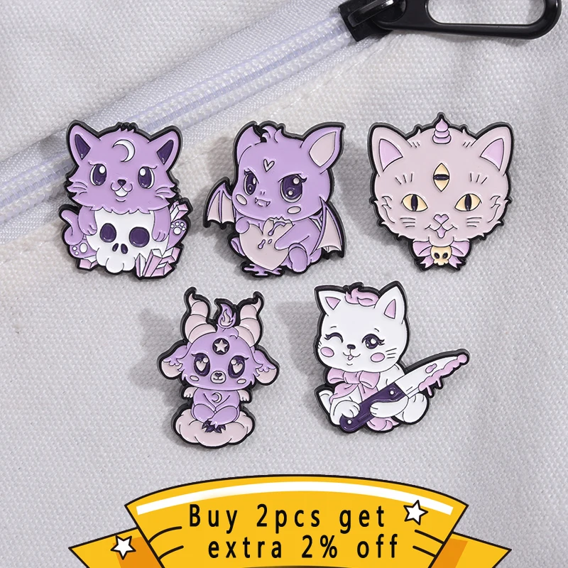 Purple Cat Bat Brooches Cute Cartoon Hell Skull Cat Metal Badge Enamel Pin Accessory Jewelry Pendant Medal Wholesale Of Gifts