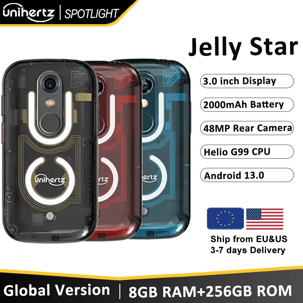 Unihertz Jelly Star Mini Smartphone Android 13 8GB 256GB Led Light Unlocked Transparent Backshell Cellphones 48MP Portable Phone