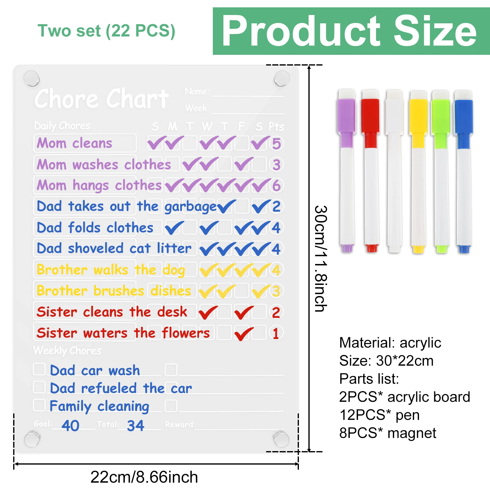 Magnetic Chore Chart Erasable Acrylic Fridge Family Daily to Do List with 6 Markers Kids Routine Checklist Task Planning Board