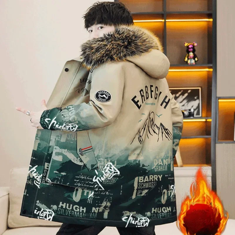 Fashion New Men Cotton Coat Winter Jacket Mid-length Loose Parkas Plus Fleece Thicken Warm Outwear Hooded Trend Slim Overcoat