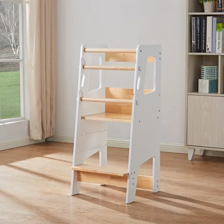 

2025 New White Wooden Kids Step Stool Kitchen Furniture Luxury Montessori Learning Tower for Children