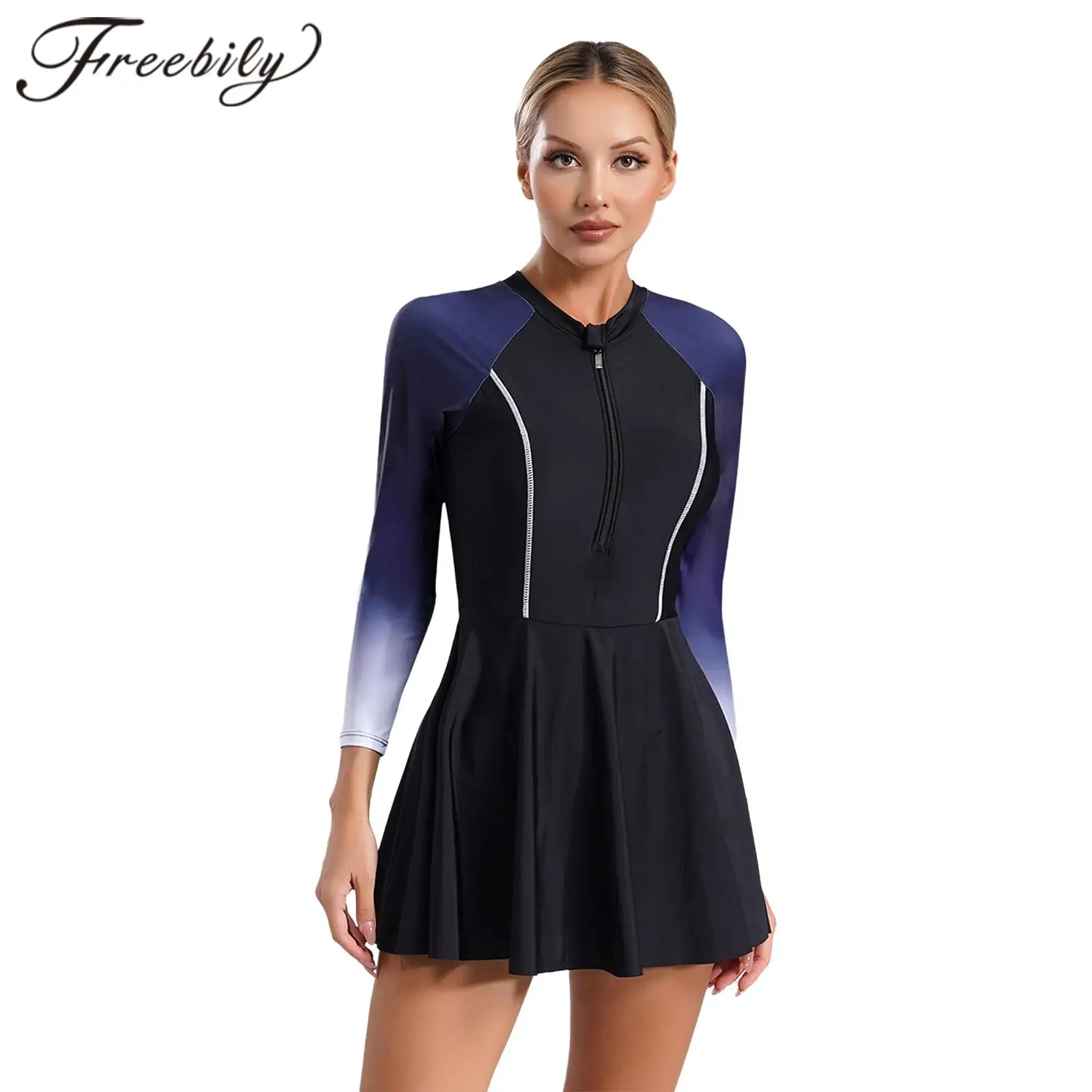 

Women Swimsuit Long Sleeve Conservative One Piece Swim Dress with Built-in Shorts Swimwear Woman's Rash Guard Bathing Suit