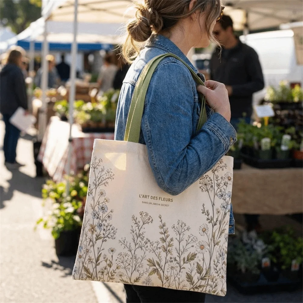 New Cotton Canvas Canvas Tote Bag Durable Lightweight Carry Bag Green Daisy Print Travel Bag Shopping Trips