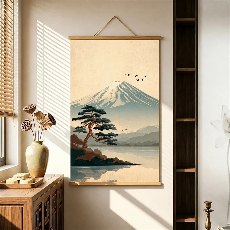Wall Art Japanese Wave and Mountain Scene, Ukiyo E Inspired Pearlescent Canvas Hanging Scroll with Wooden Rods for Japanese Inn