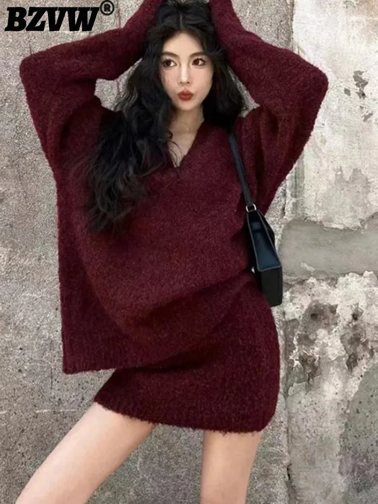 

BZVW Korean Ankela Red Knited Two-piece Set Women's V-neck Long Sleeves Loose Sweater With High Waist Skirt Elegant 25Z1354