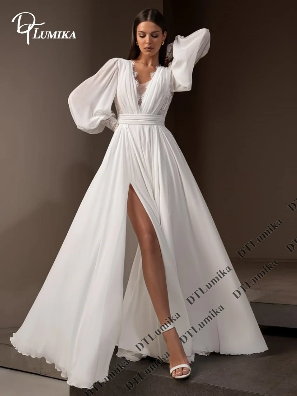 DTLumika Flowy Chiffon Wedding Gown Open Back Long Boho Bride Dresses Customized Full Sleeves Boho Bridal Gown Lace Details