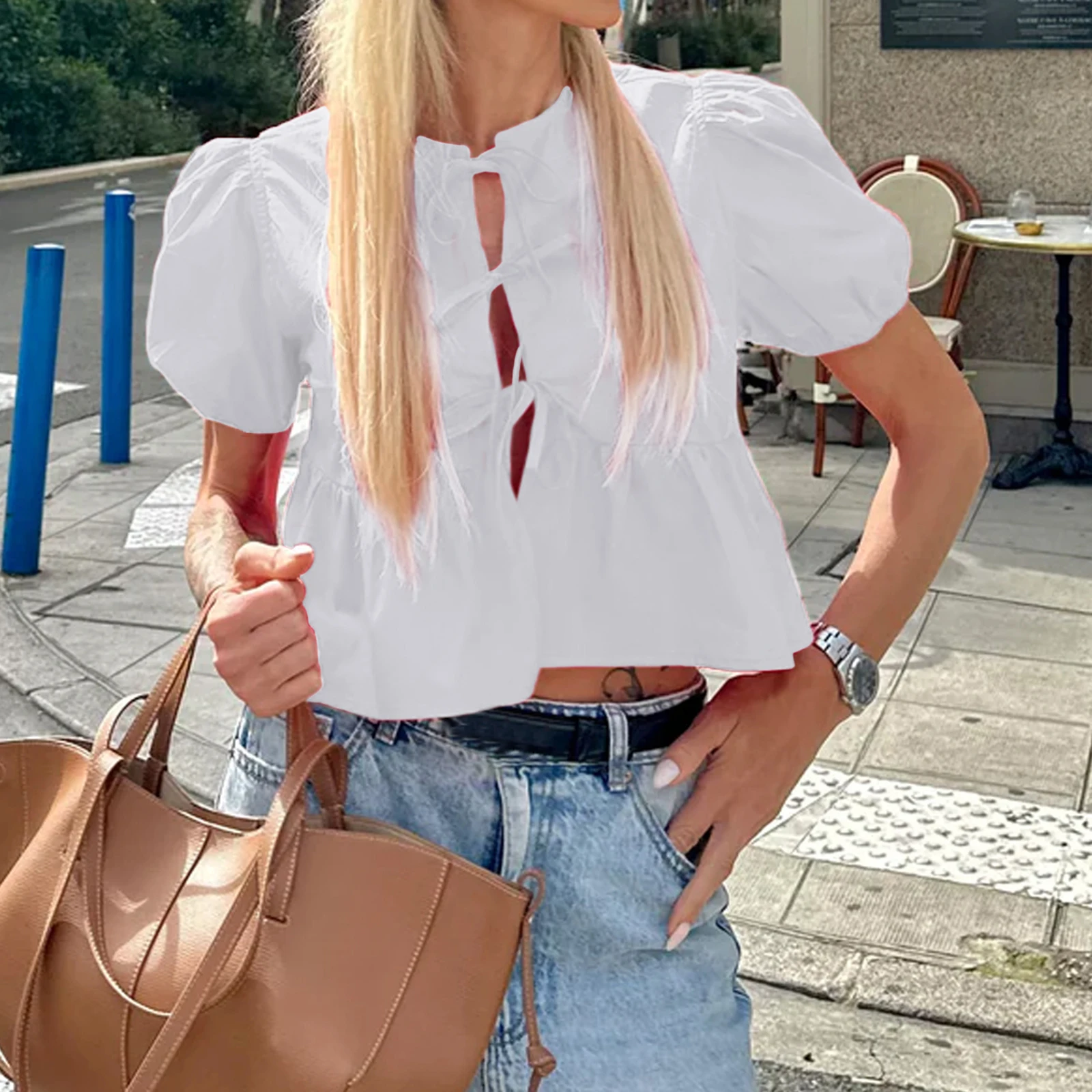 

Women's Puff Sleeve Peplum Shirts Lace Up Tie Front Ruffle Hem Loose Blouse Dressy Casual Babydoll Tops High Streetwear Y2k