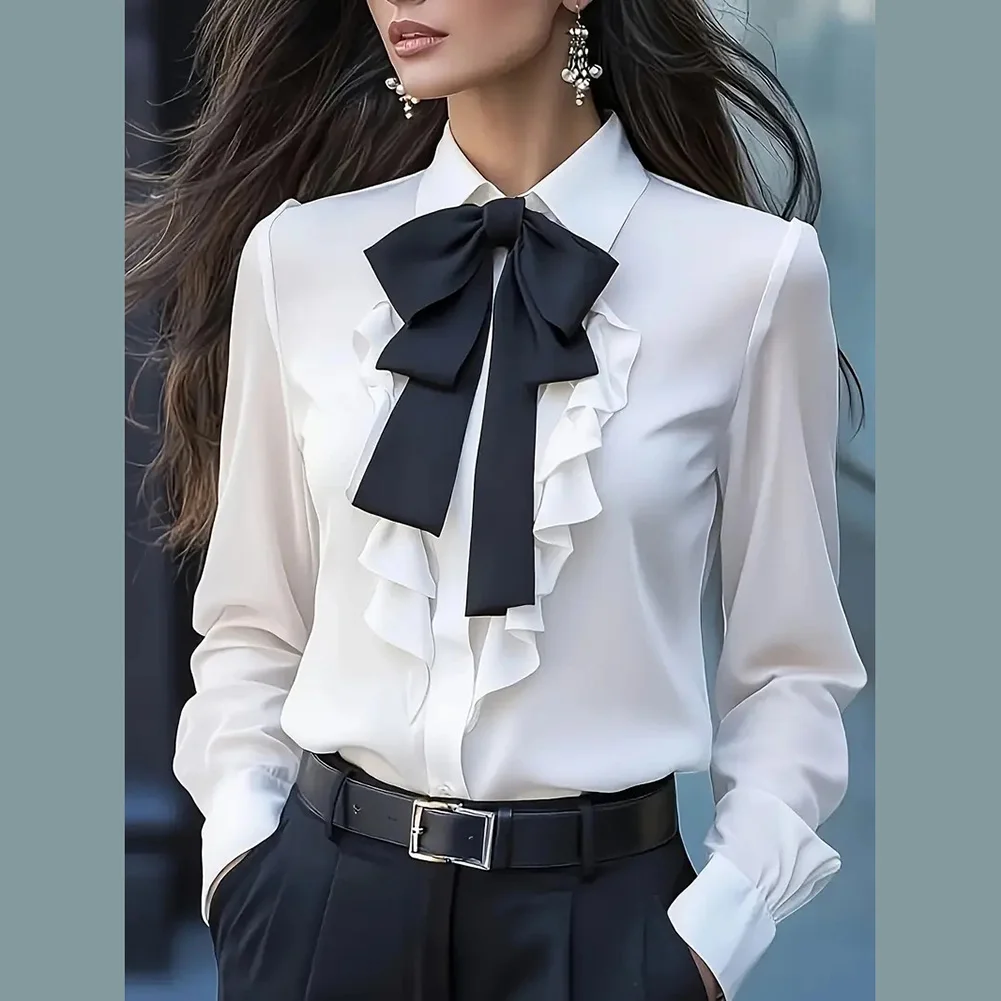 

Женская блузка с длинным рукавом и бантом, повседневная деловая рабочая одежда, рубашка, стильные топы, подходящие для офисной среды