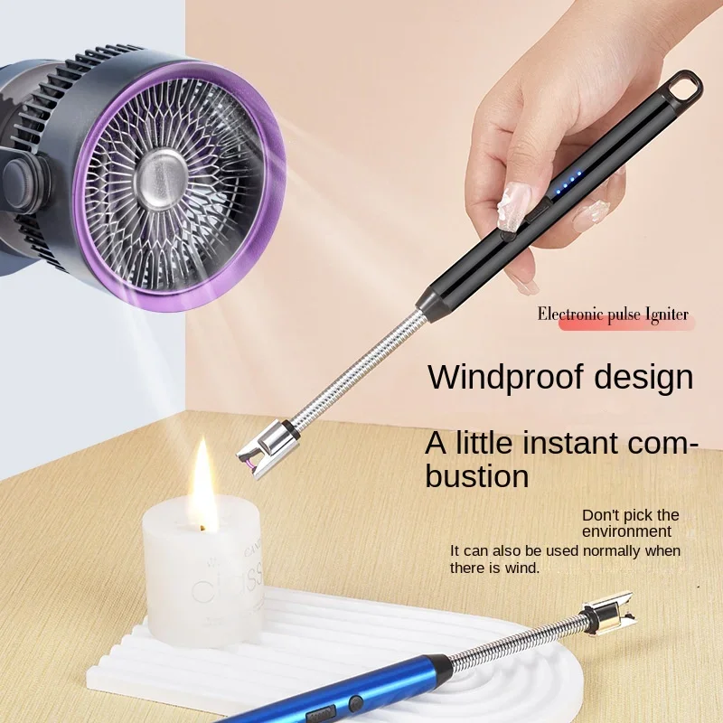 2024 Type-C Metal Hose Extended Fire Gun Windproof USB Rechargeable Lighter Arc Lighting Candle Lighting Stove Table Smoking Set