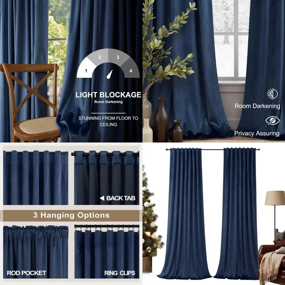 

Изолированные шторы Midnight Blue Velvet 84, 2 панели, современные шторы для гостиной с задней вкладкой для зимнего тепла