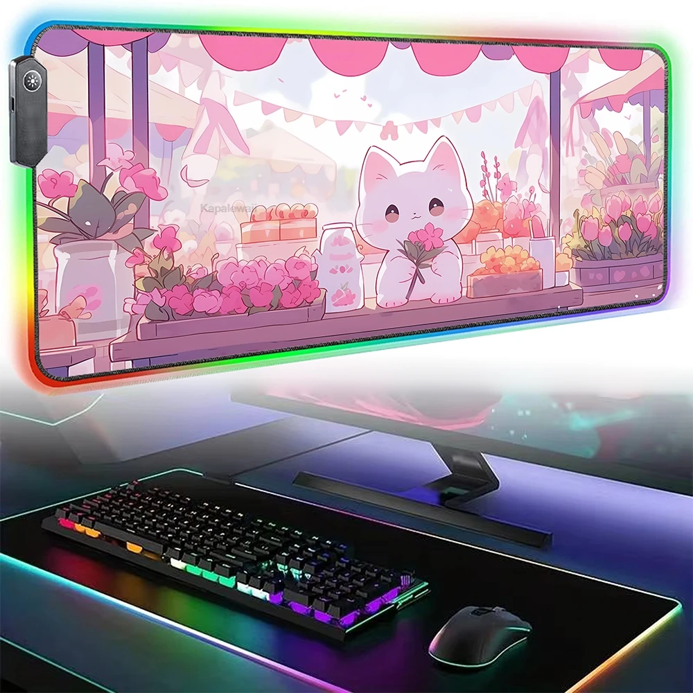 

RGB Cute Mouse Pad Art Kawaii Cat Computer XXL LED Keyboard Mats Large Gaming Mousepad Desk Mat Gamer Office Table Mause Pad