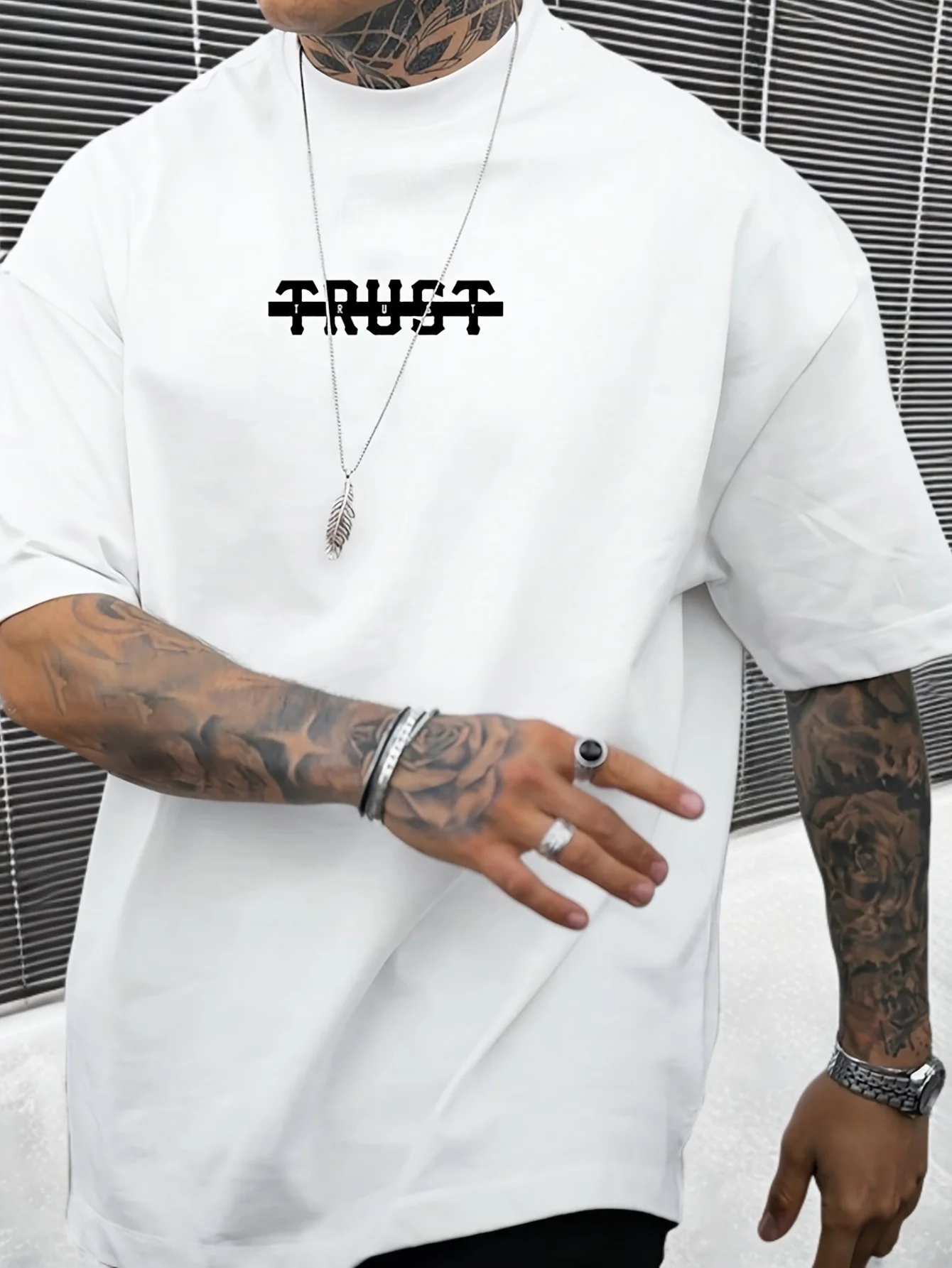 

Mens Casual Short Sleeve TShirt with Bold TRUST Letter Print White Regular Fit Summer Streetwear Essential Round Neckline