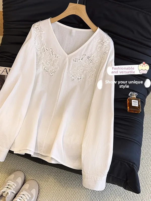 เสื้อปักลายหนัก แขนยาว ทรงโอเวอร์ไซส์ คอวี สไตล์ลำลอง หลวมๆ สำหรับผู้หญิง  คอลเลคชั่นฤดูใบไม้ร่วง ดีไซน์ใหม่ ประดับเลื่อมวิบวับ แฟชั่นพรีเมียมสำหรับผู้หญิง