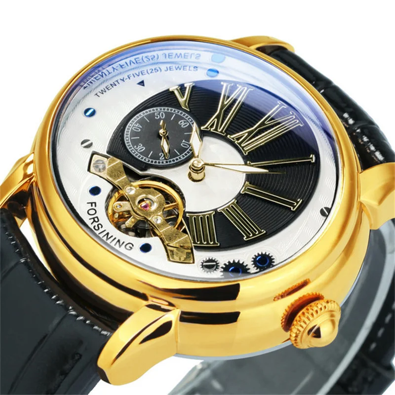 Forsining 367A Tourbillion reloj mecánico automático para hombre, reloj negro y dorado de moda, escala romana, marca superior de lujo