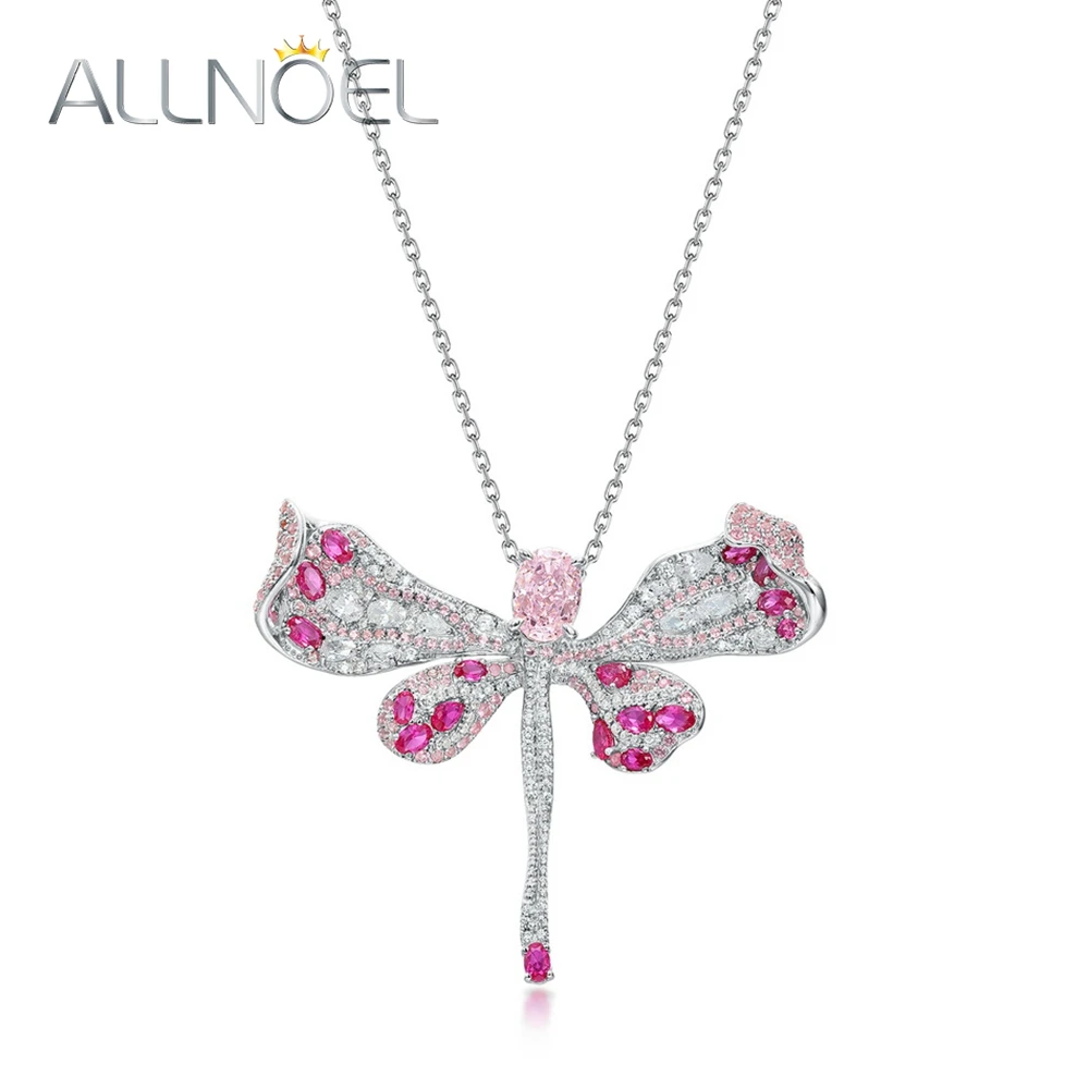 ALLNOEL 925 Silver Pendant Necklace For Women Certified High Carbon Diamond Original Pink Gemstone Dragonfly Animal Jewelry