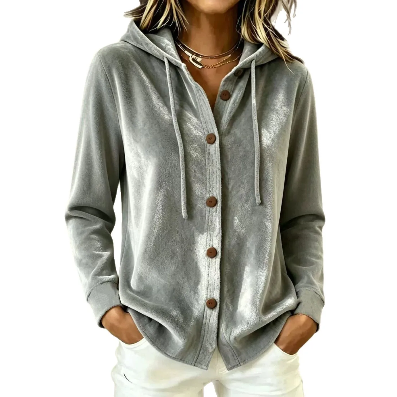 Women's Winter Clothing Long Sleeve Loose Fit Solid Color Zipper Front Hoodie with Drawstring Hood for Women Female Clothing