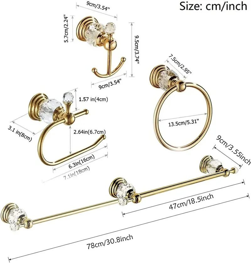 4 Pieces Gold Bathroom Accessories Sets Brass&Crystal Retractable Towel Bar Wall Mounted Paper Rack Bathroom Hardware Set 6