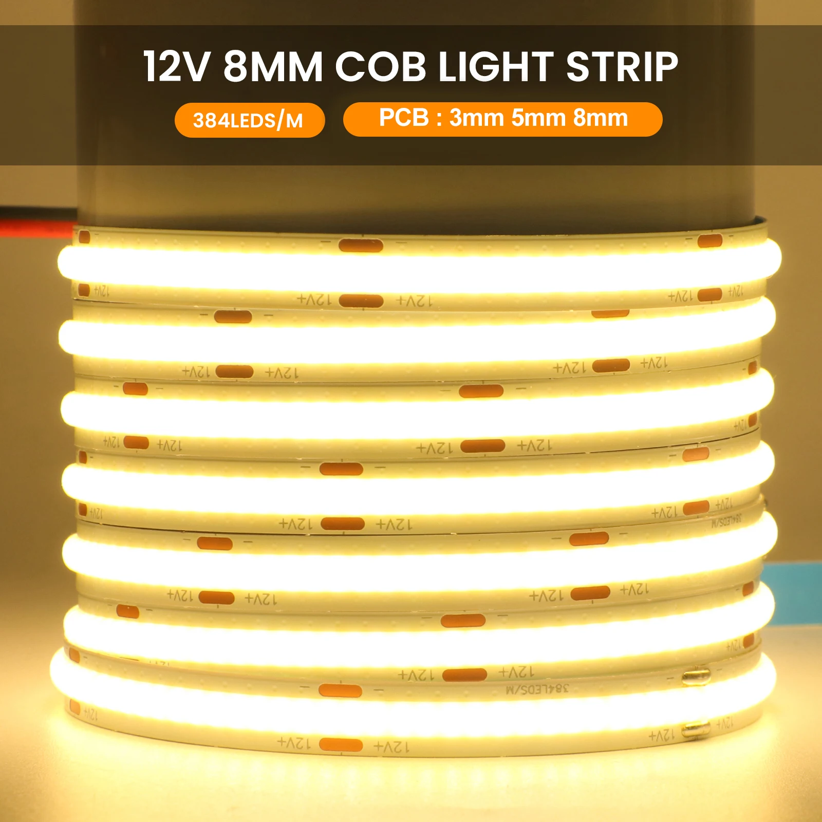 

COB LED Strip Light 384 LEDs/m 3mm 5mm 8mm High Density Flexible Tape Ribbon 3000-6500K RA90 Led Lights DC12V Linear Lighting