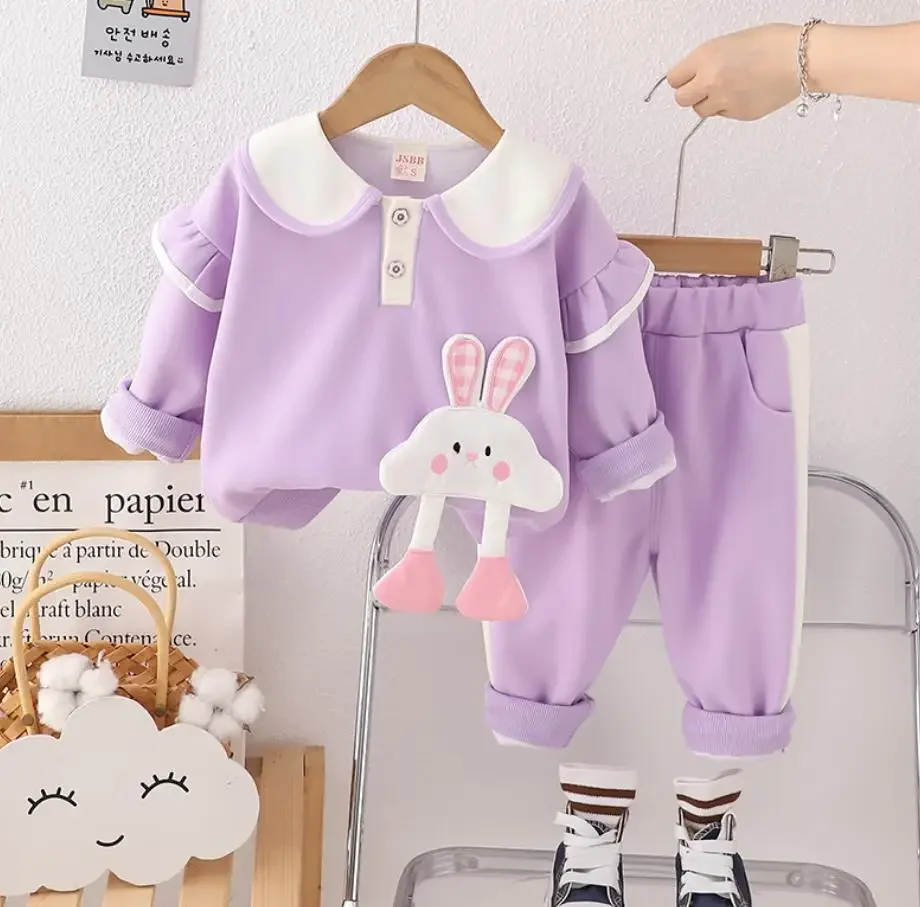 طفل ملابس للطفل الفتيات ملابس ربيع الخريف الكرتون دمية على شكل أرنب طوق طويلة الأكمام تي شيرت + السراويل قطعتين الاطفال مجموعة